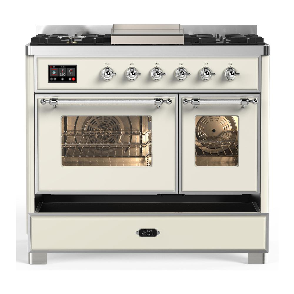 Ilve UMD40FNR3AWC Ilve Umd40Fnr3Awc Majestic Iii 40 Inch Dual Fuel Range With 6 Burners And Griddle, Dual Function Burner Up To 25,000 Btu (Natural Gas, Triple Glass Door, Antique White, Chrome)