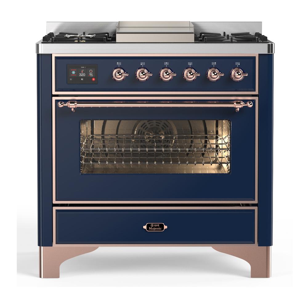 Ilve UM36FNR3MBPLP Ilve Um36Fnr3Mbplp Majestic Iii 36 Inch Dual Fuel Range With 6 Black Brass Burners And Griddle, Dual Function Burner Up To 25,000 Btu (Triple Glass Door, Midnight Blue, Copper, Liquid Propane)