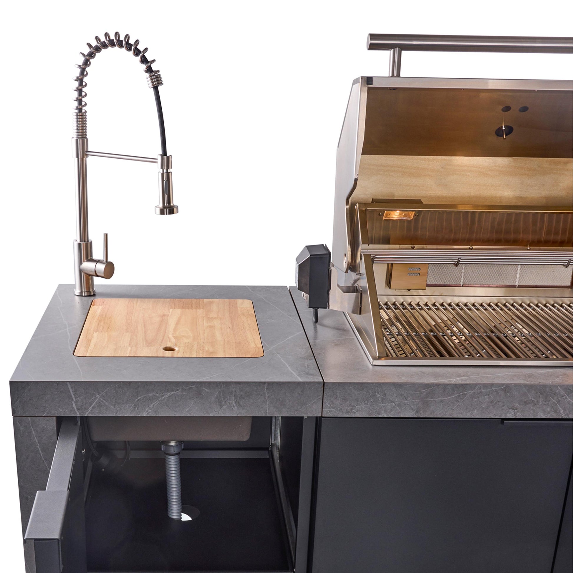 Forno FODKT2544BLK Forno Rimini Outdoor Kitchen 30" Bbq 62,600 Btu, 3 Burners With Sear & Rotisserie, 2.4 Cu.Ft. Beverage Center, Stainless Steel Sink, Black Cabinets & Gray Sintered Stone Countertop