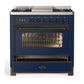 Ilve UM36FNR3MBBLP Ilve Um36Fnr3Mbblp Majestic Iii 36 Inch Dual Fuel Range With 6 Black Brass Burners And Griddle, Dual Function Burner Up To 25,000 Btu (Triple Glass Door, Midnight Blue, Burnished, Liquid Propane)