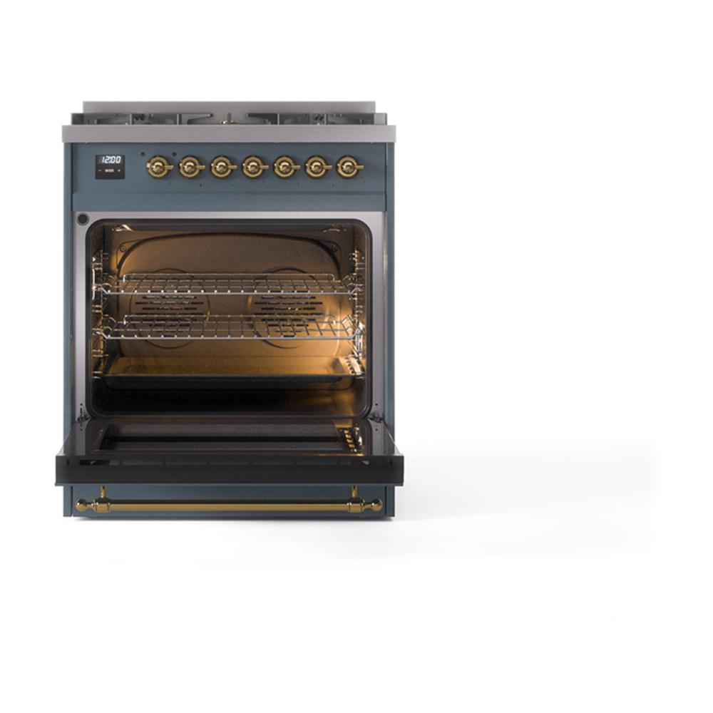 Ilve UN30QNMPBGG Ilve Un30Qnmpbgg Nostalgie Ii Noblesse 30" Dual Fuel Range (Natural Gas, Solid Door, Blue Grey, Brass)