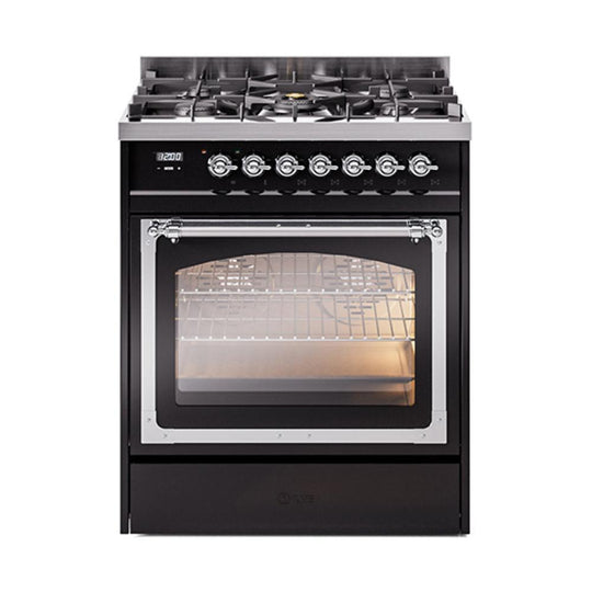 Ilve UN30NMPBKCLP Ilve Un30Nmpbkclp Nostalgie Ii Noblesse 30" Dual Fuel Range (Liquid Propane, Triple Glass Door, Glossy Black, Chrome)