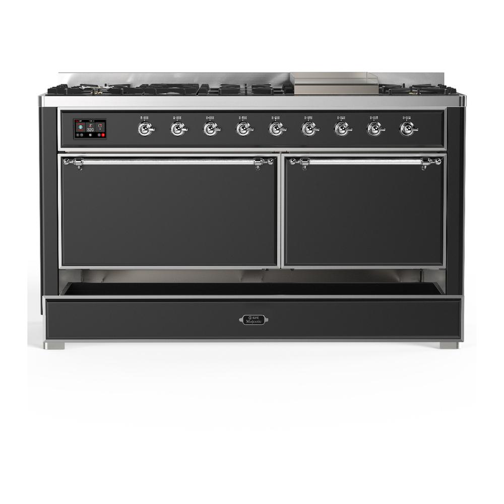 Ilve UM60FQNR3MGC Ilve Um60Fqnr3Mgc Majestic Iii 60 Inch Dual Fuel Range With 9 Burners And Griddle, Dual Function Burner Up To 25,000 Btu (Natural Gas, Solid Door, Graphite Matte, Chrome)