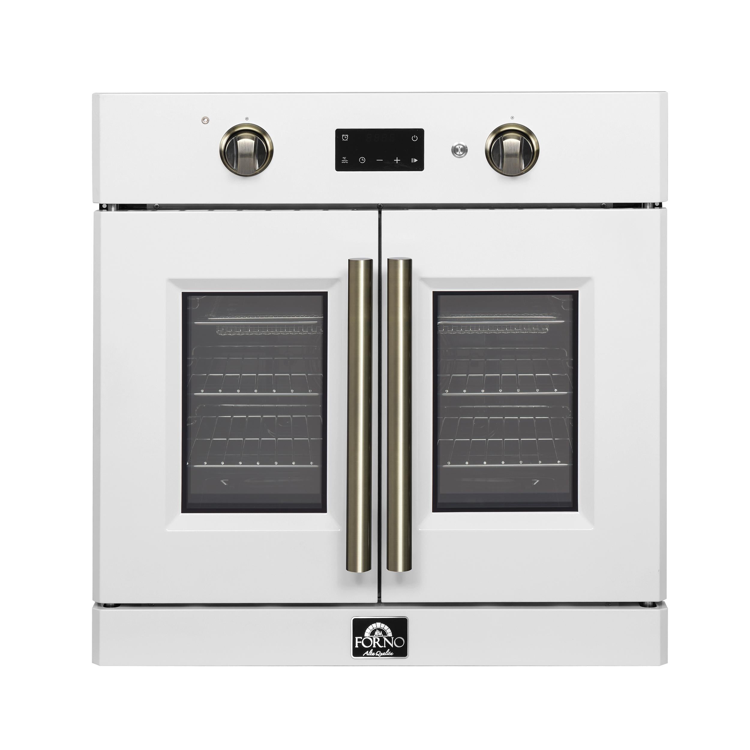 Forno FBOEL133330WHT Forno Asti 30-Inch French Door Electric Wall Oven In White & Antique Brass, 3.68 Cu. Ft. True Convection, 3,600W, Air Fry, Sous Vide, Self-Clean