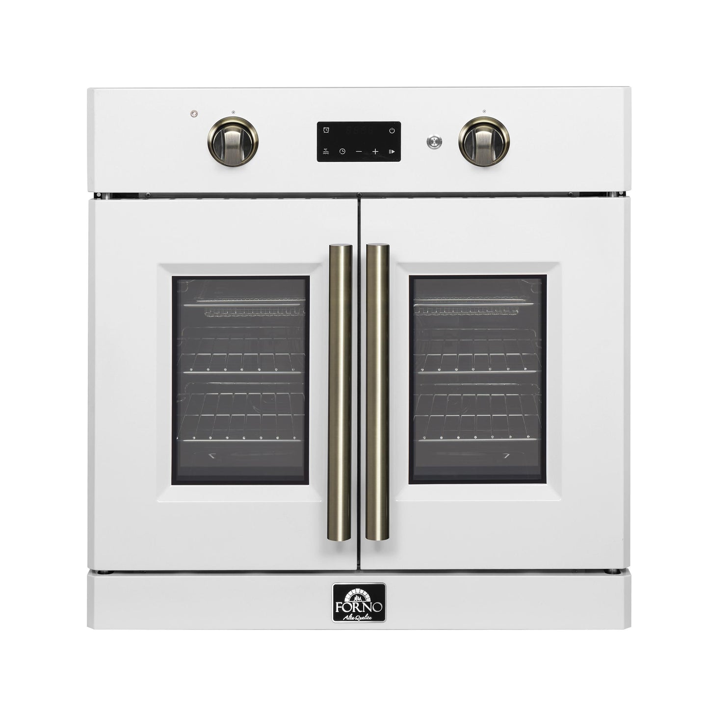 Forno FBOEL133330WHT Forno Asti 30-Inch French Door Electric Wall Oven In White & Antique Brass, 3.68 Cu. Ft. True Convection, 3,600W, Air Fry, Sous Vide, Self-Clean