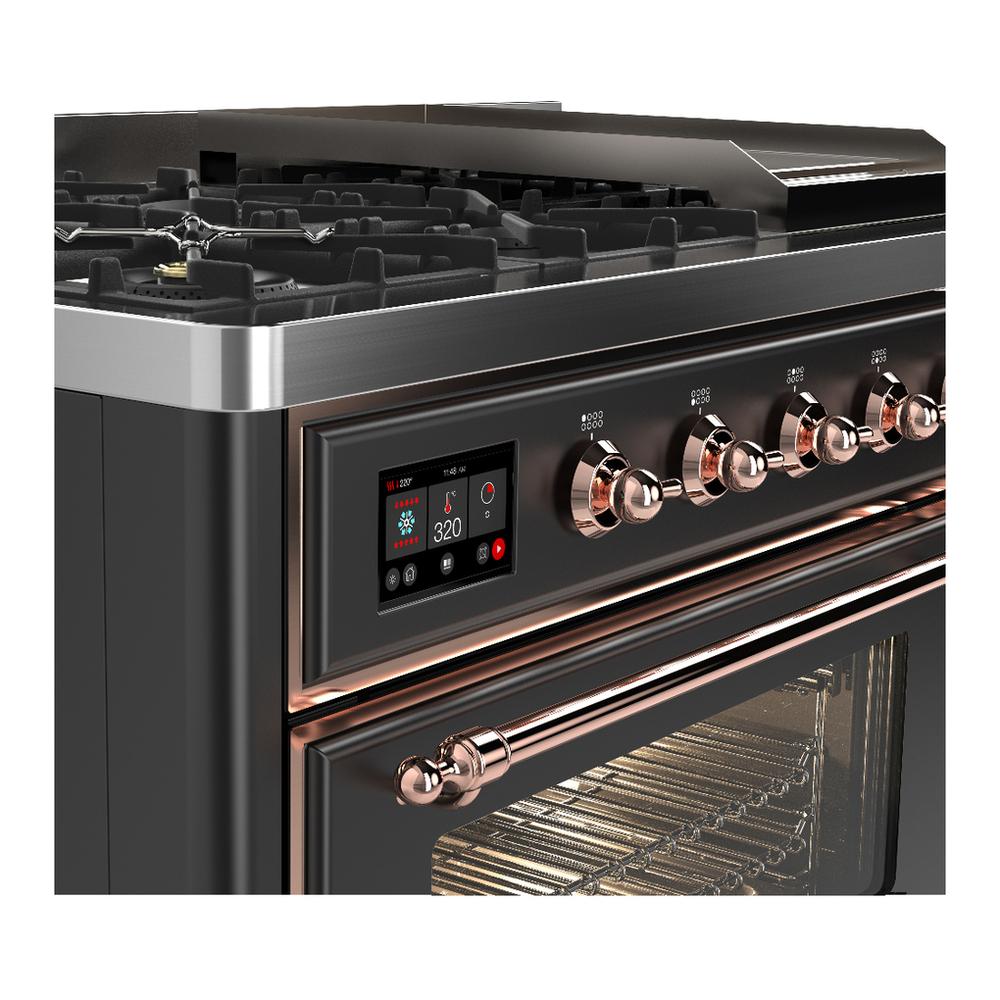 Ilve UM48FNR3MGPLP Ilve Um48Fnr3Mgplp Majestic Iii 48 Inch Dual Fuel Range With 8 Burners And Griddle, Dual Function Burner Up To 25,000 Btu (Liquid Propane, Triple Glass Door, Graphite Matte, Copper)