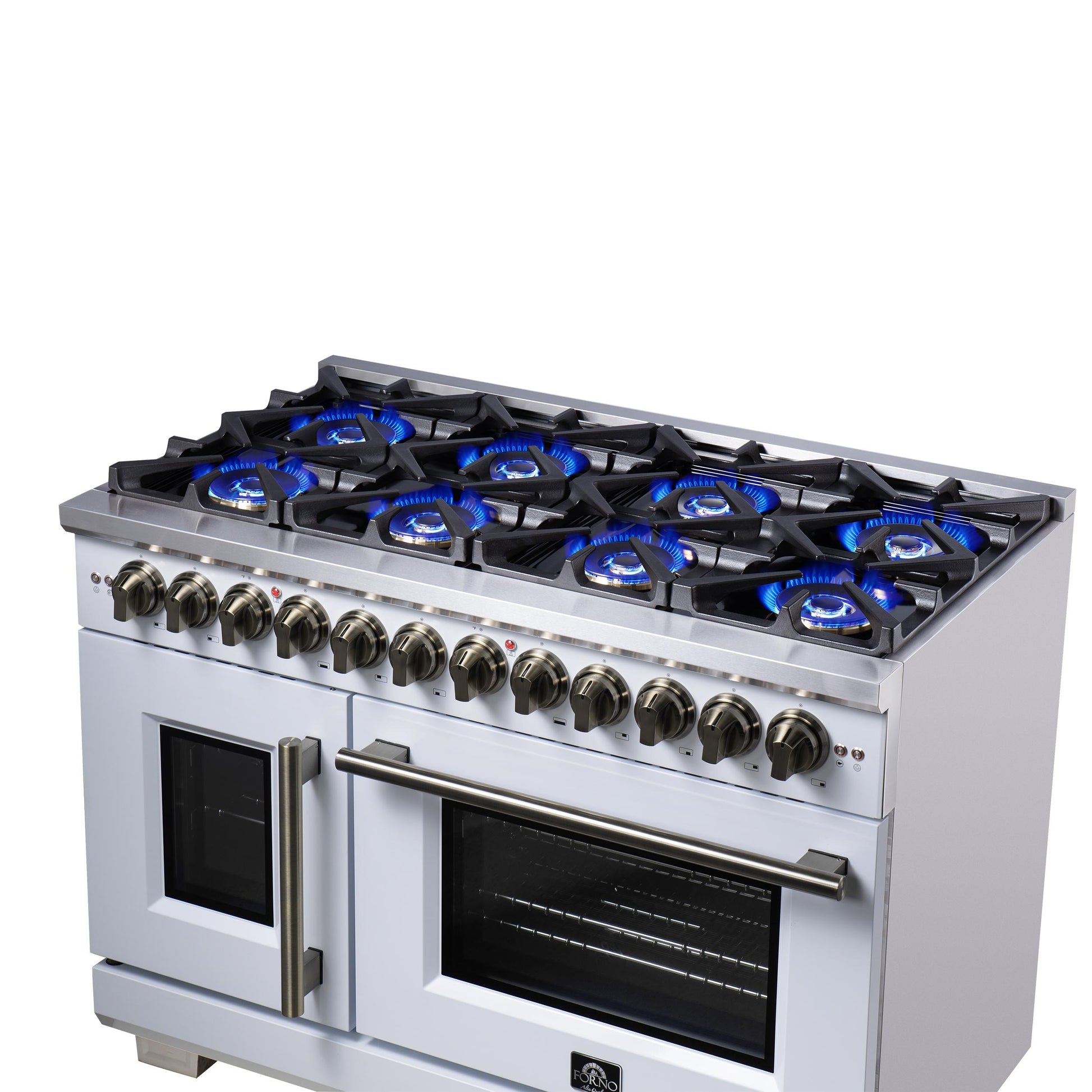 Forno FFSGS638748WHT Forno Capriasca 48 Inch Freestanding French Door Dual Fuel Range In White With Antique Brass Accessories, 8 Burners, True Convection Oven