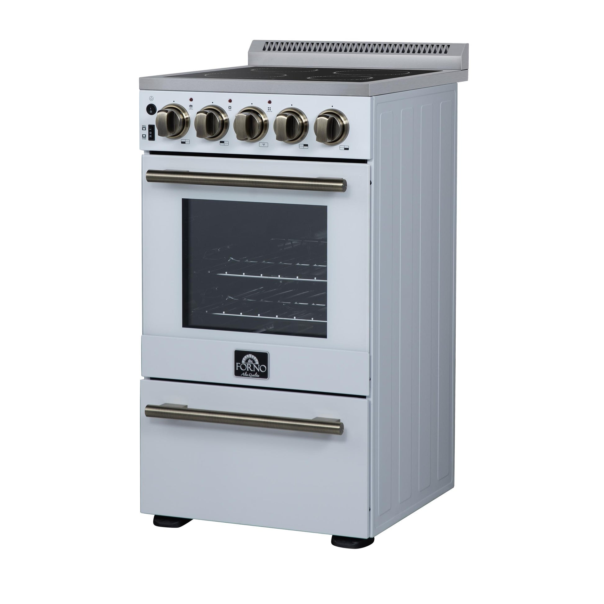 Forno FFSEL605220WHT Forno Pallerano 20 Inch Freestanding Electric Range In White With Antique Brass, Compact Design