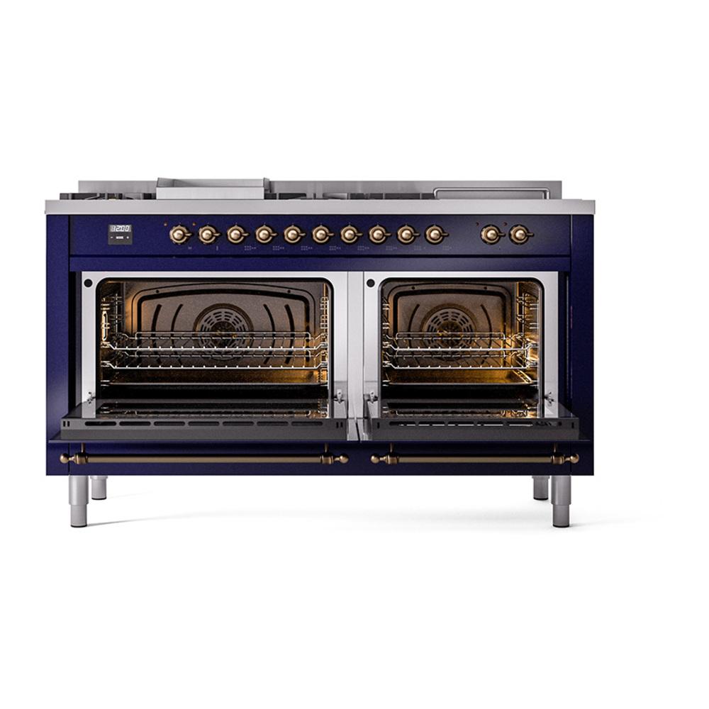 Ilve UN60FSNMPMBB Ilve Un60Fsnmpmbb Nostalgie Ii Noblesse 60" Dual Fuel Range (7 Sealed Burners + Griddle + French Top, Natural Gas, Triple Glass Door, Midnight Blue, Burnished)