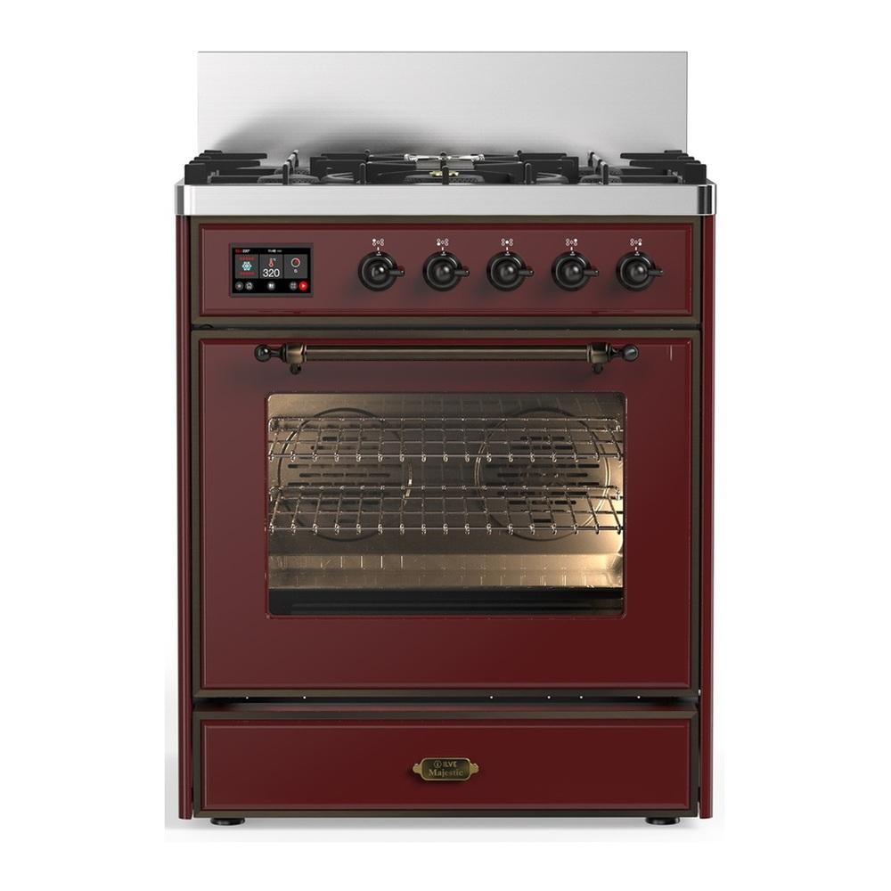 Ilve UM30NR3BUBLP Ilve Um30Nr3Bublp Majestic Iii 30 Inch Dual Fuel Range With 5 Black Brass Burners, Dual Function Burner Up To 25,000 Btu (Liquid Propane, Triple Glass Door, Burgundy, Burnished)