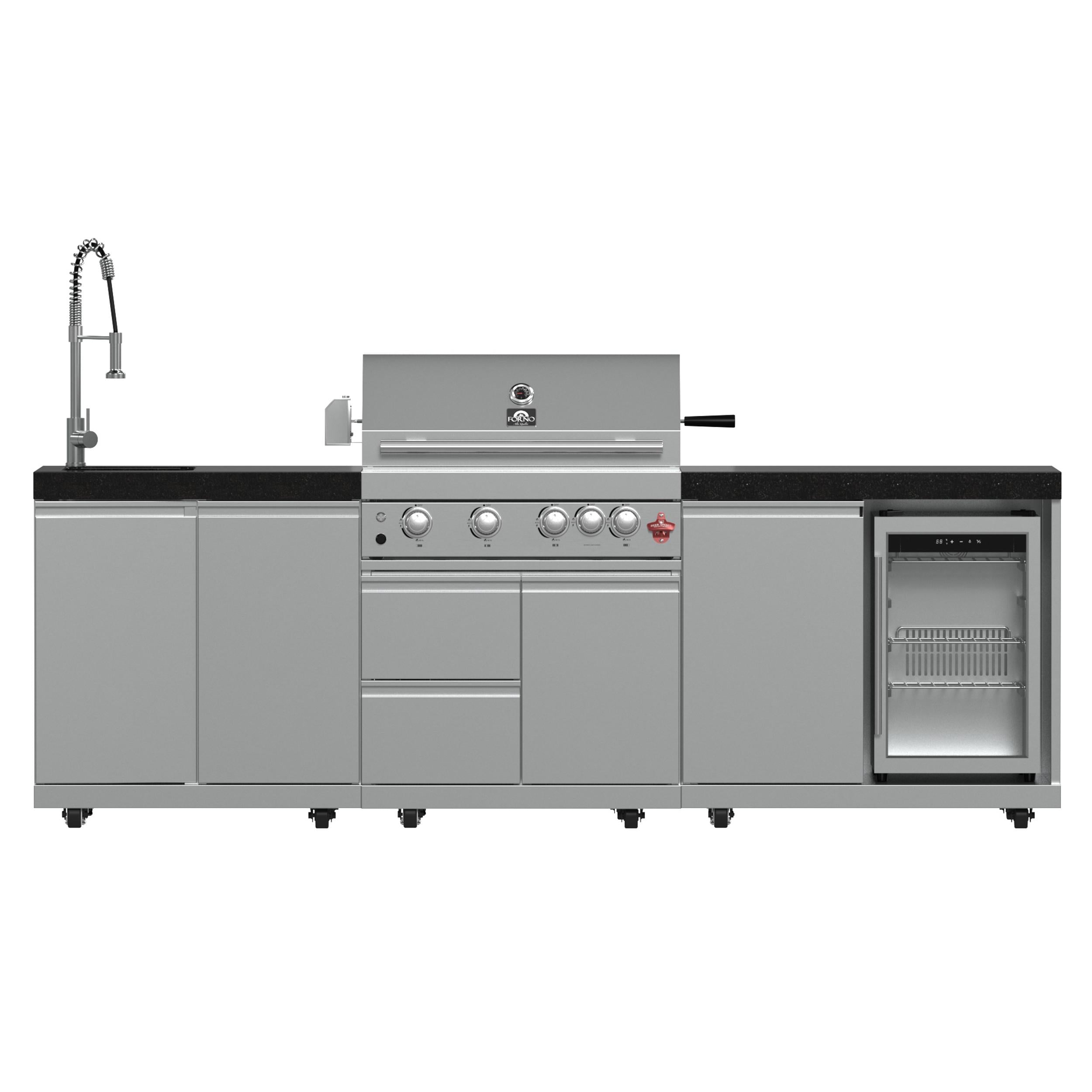 Forno FODKT2506BLK Forno Bulnes 30-Inch Bbq, 60,000 Btu, 3 Burners With Sear & Rotisserie Infrared Burners, Stainless Steel Outdoor Kitchen With 1.8 Cu.Ft. Beverage Center & Black Granite Countertops