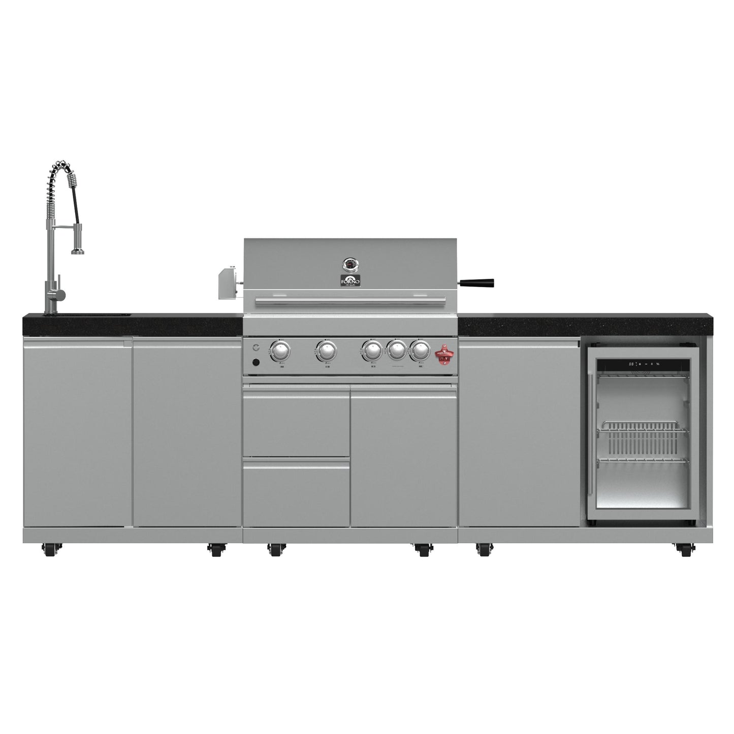 Forno FODKT2506BLK Forno Bulnes 30-Inch Bbq, 60,000 Btu, 3 Burners With Sear & Rotisserie Infrared Burners, Stainless Steel Outdoor Kitchen With 1.8 Cu.Ft. Beverage Center & Black Granite Countertops