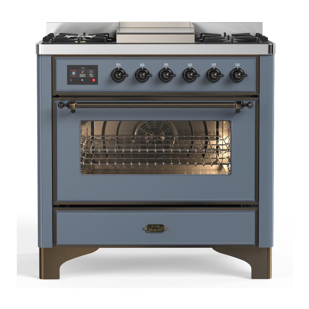 Ilve UM36FNR3BGBLP Ilve Um36Fnr3Bgblp Majestic Iii 36 Inch Dual Fuel Range With 6 Black Brass Burners And Griddle, Dual Function Burner Up To 25,000 Btu (Triple Glass Door, Blue Grey, Burnished, Liquid Propane)