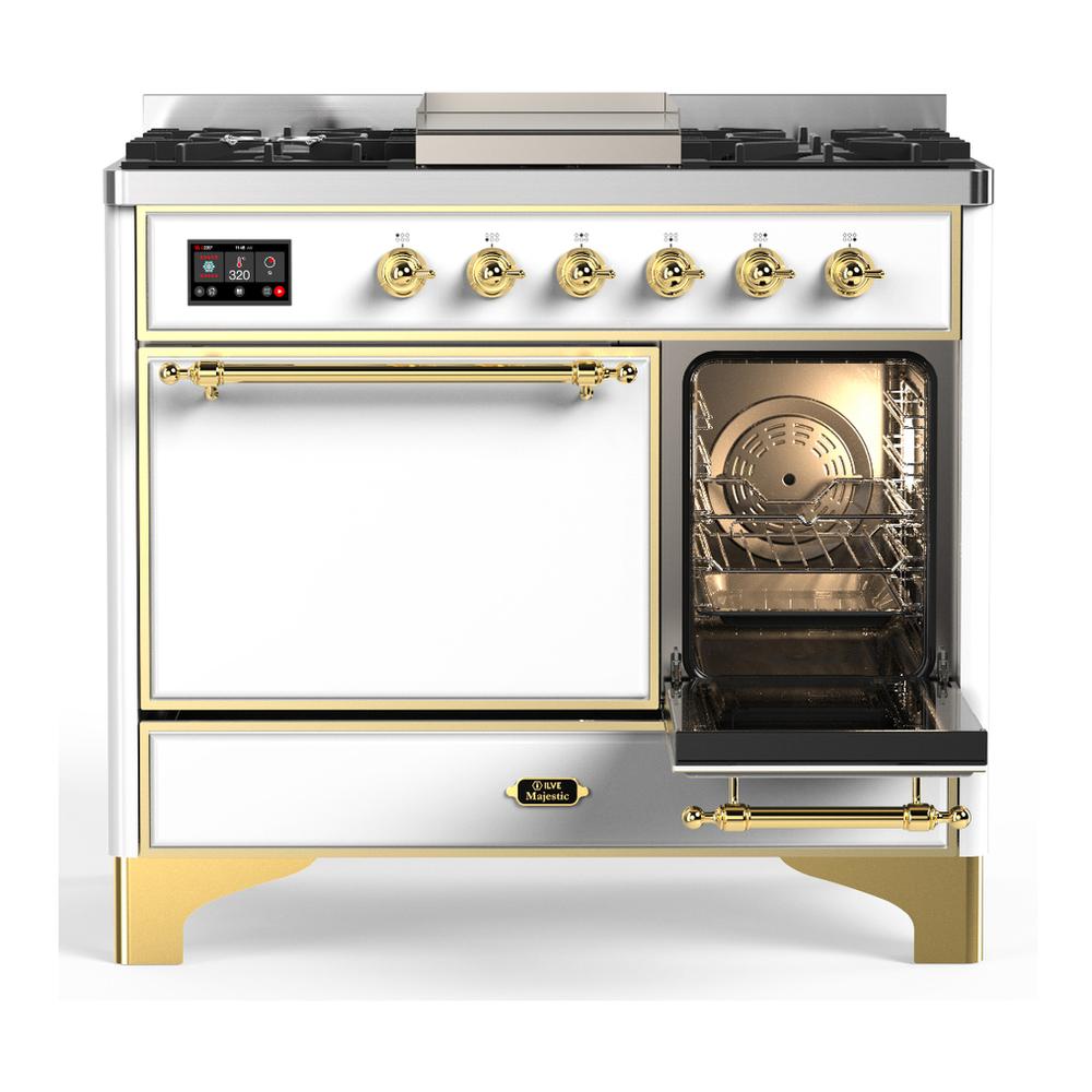 Ilve UMD40FQNR3WHG Ilve Umd40Fqnr3Whg Majestic Iii 40 Inch Dual Fuel Range With 6 Burners And Griddle, Dual Function Burner Up To 25,000 Btu (Natural Gas, Solid Door, White, Brass)