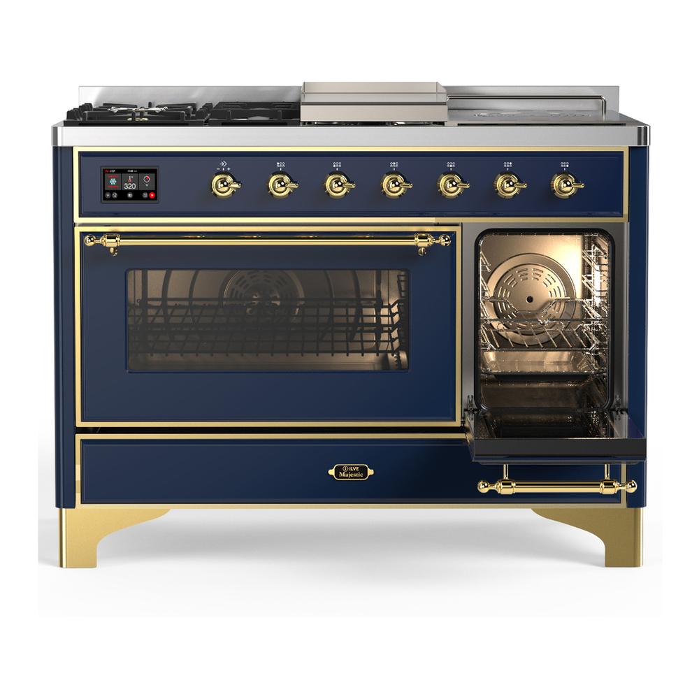 Ilve UM48FSNR3MBG Ilve Um48Fsnr3Mbg Majestic Iii 48 Inch Dual Fuel Range With 5 Black Brass Burners, Griddle And French Top, Dual Function Burner Up To 25,000 Btu (Natural Gas, Triple Glass Door, Midnight Blue, Brass)