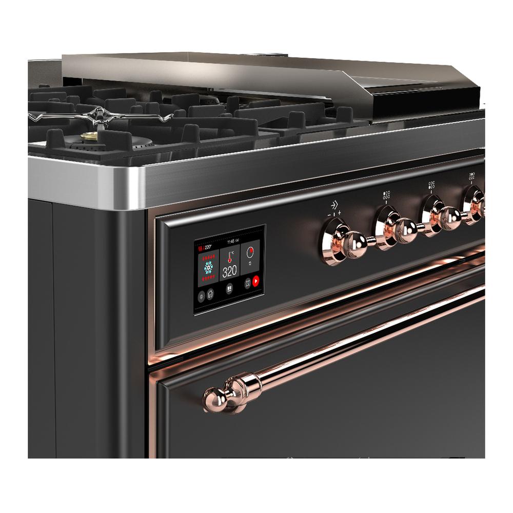 Ilve UM48FSQNR3MGPLP Ilve Um48Fsqnr3Mgplp Majestic Iii 48 Inch Dual Fuel Range With 5 Black Brass Burners, Griddle And French Top, Dual Function Burner Up To 25,000 Btu (Liquid Propane, Solid Door, Graphite Matte, Copper)