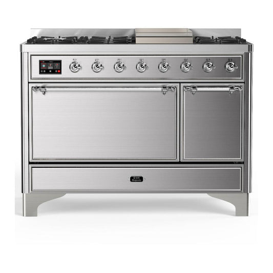 Ilve UM48FQNR3SSC Ilve Um48Fqnr3Ssc Majestic Iii 48 Inch Dual Fuel Range With 8 Burners And Griddle, Dual Function Burner Up To 25,000 Btu (Natural Gas, Solid Door, Stainless Steel, Chrome)