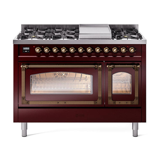 Ilve UN48FNMPBUBLP Ilve Un48Fnmpbublp Nostalgie Ii Noblesse 48" Dual Fuel Range (8 Sealed Burners + Griddle, Liquid Propane, Triple Glass Door, Burgundy, Burnished)