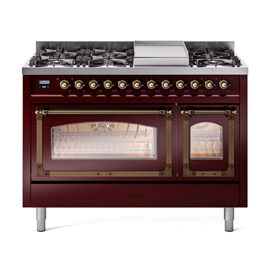 Ilve UN48FNMPBUBLP Ilve Un48Fnmpbublp Nostalgie Ii Noblesse 48" Dual Fuel Range (8 Sealed Burners + Griddle, Liquid Propane, Triple Glass Door, Burgundy, Burnished)