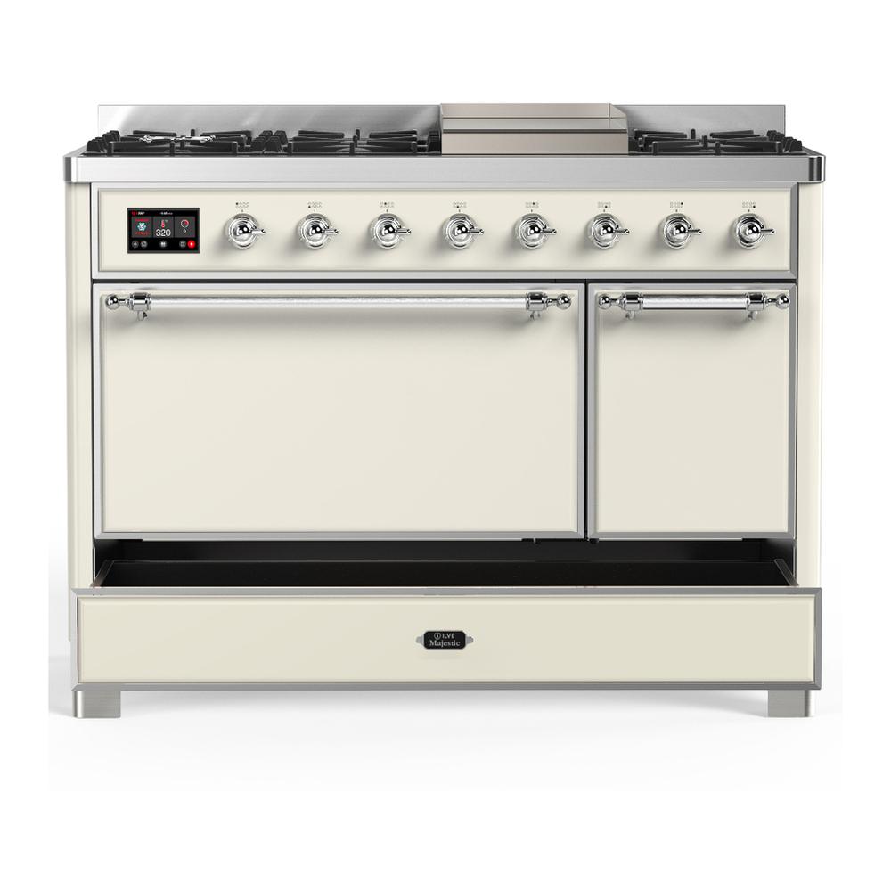 Ilve UM48FQNR3AWC Ilve Um48Fqnr3Awc Majestic Iii 48 Inch Dual Fuel Range With 8 Burners And Griddle, Dual Function Burner Up To 25,000 Btu (Natural Gas, Solid Door, Antique White, Chrome)