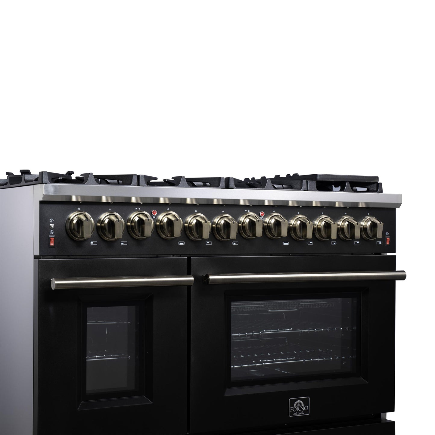 Forno FFSGS612548BLK Forno Massimo 48 Inch Freestanding Dual Fuel Range In Black With Antique Brass Accessories, 8 Burners, 6.58 Cu. Ft. Convection Oven