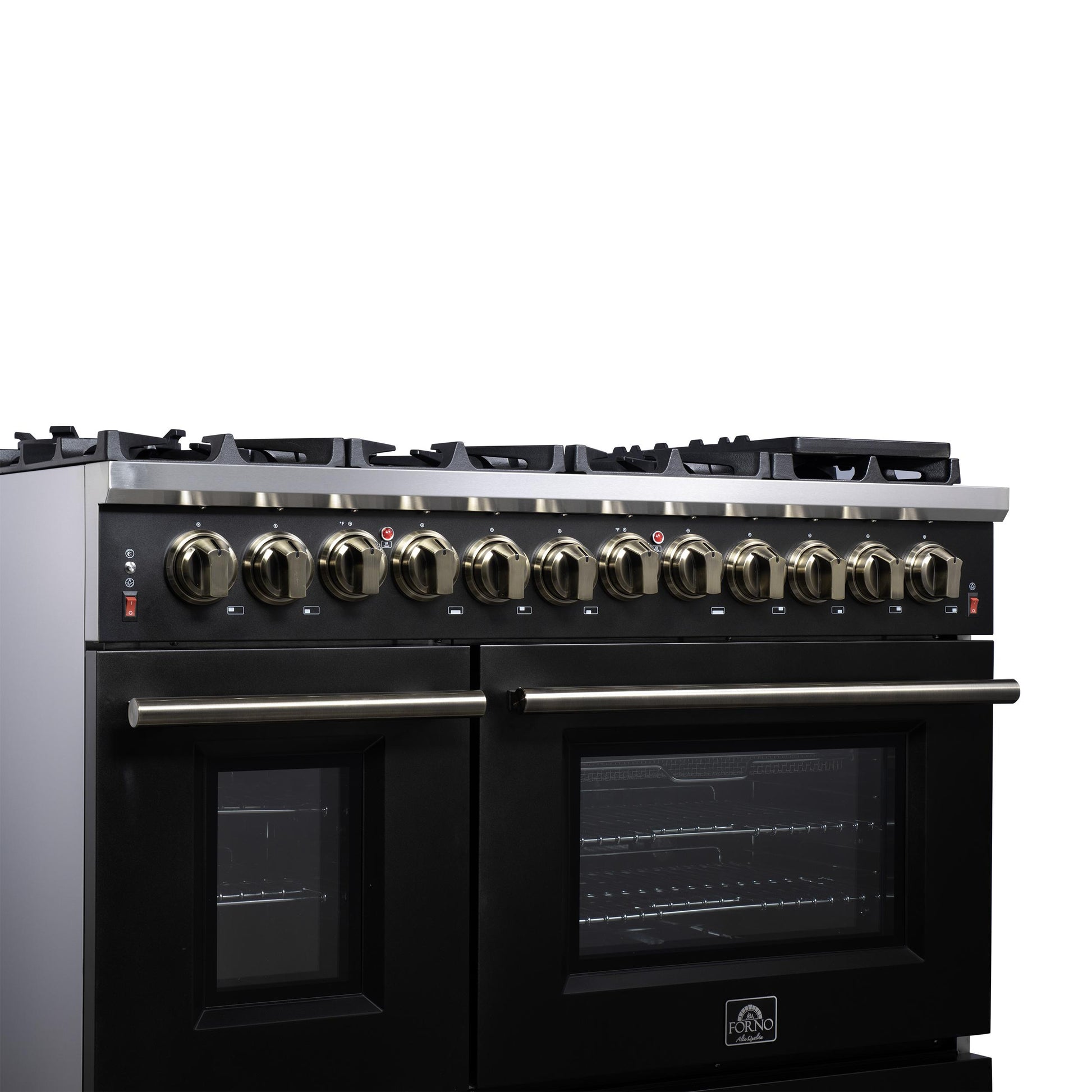 Forno FFSGS612548BLK Forno Massimo 48 Inch Freestanding Dual Fuel Range In Black With Antique Brass Accessories, 8 Burners, 6.58 Cu. Ft. Convection Oven