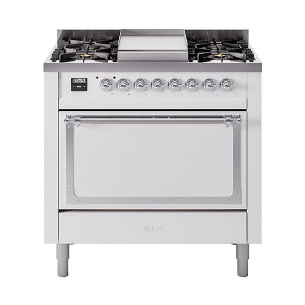 Ilve UN36FQNMPWHC Ilve Un36Fqnmpwhc Nostalgie Ii Noblesse 36" Dual Fuel Range (Natural Gas, Solid Door, White, Chrome)