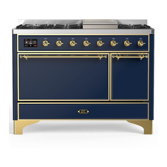 Ilve UM48FQNR3MBGLP Ilve Um48Fqnr3Mbglp Majestic Iii 48 Inch Dual Fuel Range With 8 Burners And Griddle, Dual Function Burner Up To 25,000 Btu (Liquid Propane, Solid Door, Midnight Blue, Brass)