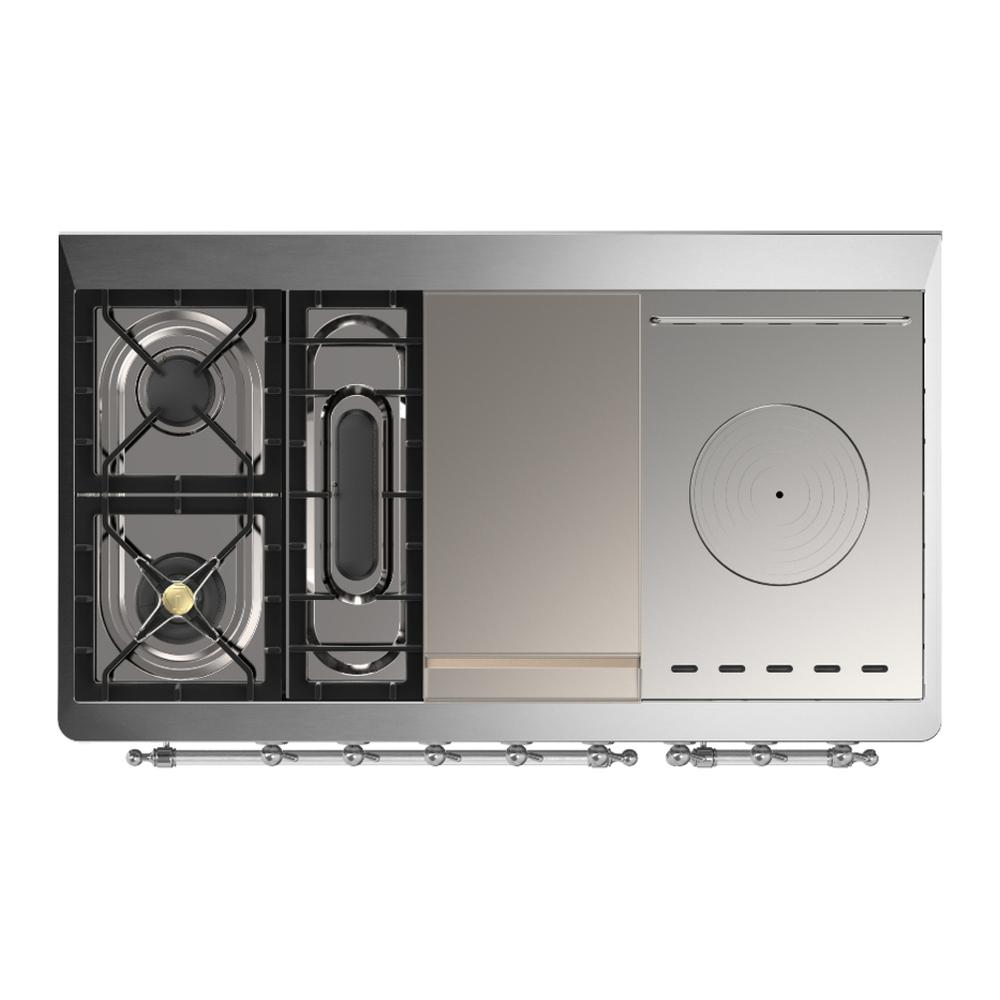 Ilve UM48FSNR3BUC Ilve Um48Fsnr3Buc Majestic Iii 48 Inch Dual Fuel Range With 5 Black Brass Burners, Griddle And French Top, Dual Function Burner Up To 25,000 Btu (Natural Gas, Triple Glass Door, Burgundy, Chrome)