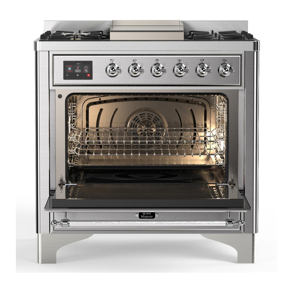 Ilve UM36FQNR3SSCLP Ilve Um36Fqnr3Ssclp Majestic Iii 36 Inch Dual Fuel Range With 6 Black Brass Burners And Griddle, Dual Function Burner Up To 25,000 Btu (Solid Door, Stainless Steel, Chrome, Liquid Propane)