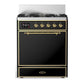 Ilve UM30QNR3BKGLP Ilve Um30Qnr3Bkglp Majestic Iii 30 Inch Dual Fuel Range With 5 Black Brass Burners, Dual Function Burner Up To 25,000 Btu (Liquid Propane, Solid Door, Glossy Black, Brass)