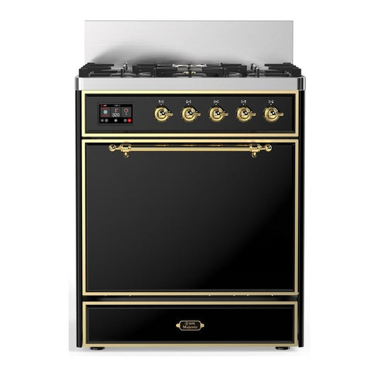 Ilve UM30QNR3BKGLP Ilve Um30Qnr3Bkglp Majestic Iii 30 Inch Dual Fuel Range With 5 Black Brass Burners, Dual Function Burner Up To 25,000 Btu (Liquid Propane, Solid Door, Glossy Black, Brass)