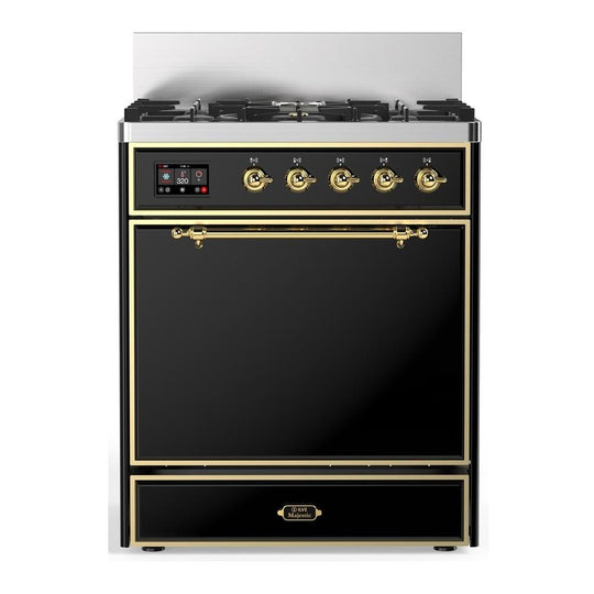 Ilve UM30QNR3BKGLP Ilve Um30Qnr3Bkglp Majestic Iii 30 Inch Dual Fuel Range With 5 Black Brass Burners, Dual Function Burner Up To 25,000 Btu (Liquid Propane, Solid Door, Glossy Black, Brass)