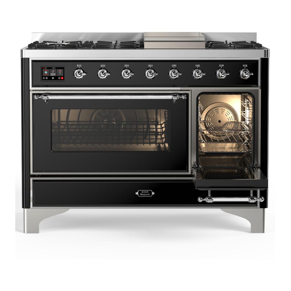 Ilve UM48FNR3BKC Ilve Um48Fnr3Bkc Majestic Iii 48 Inch Dual Fuel Range With 8 Burners And Griddle, Dual Function Burner Up To 25,000 Btu (Natural Gas, Triple Glass Door, Glossy Black, Chrome)