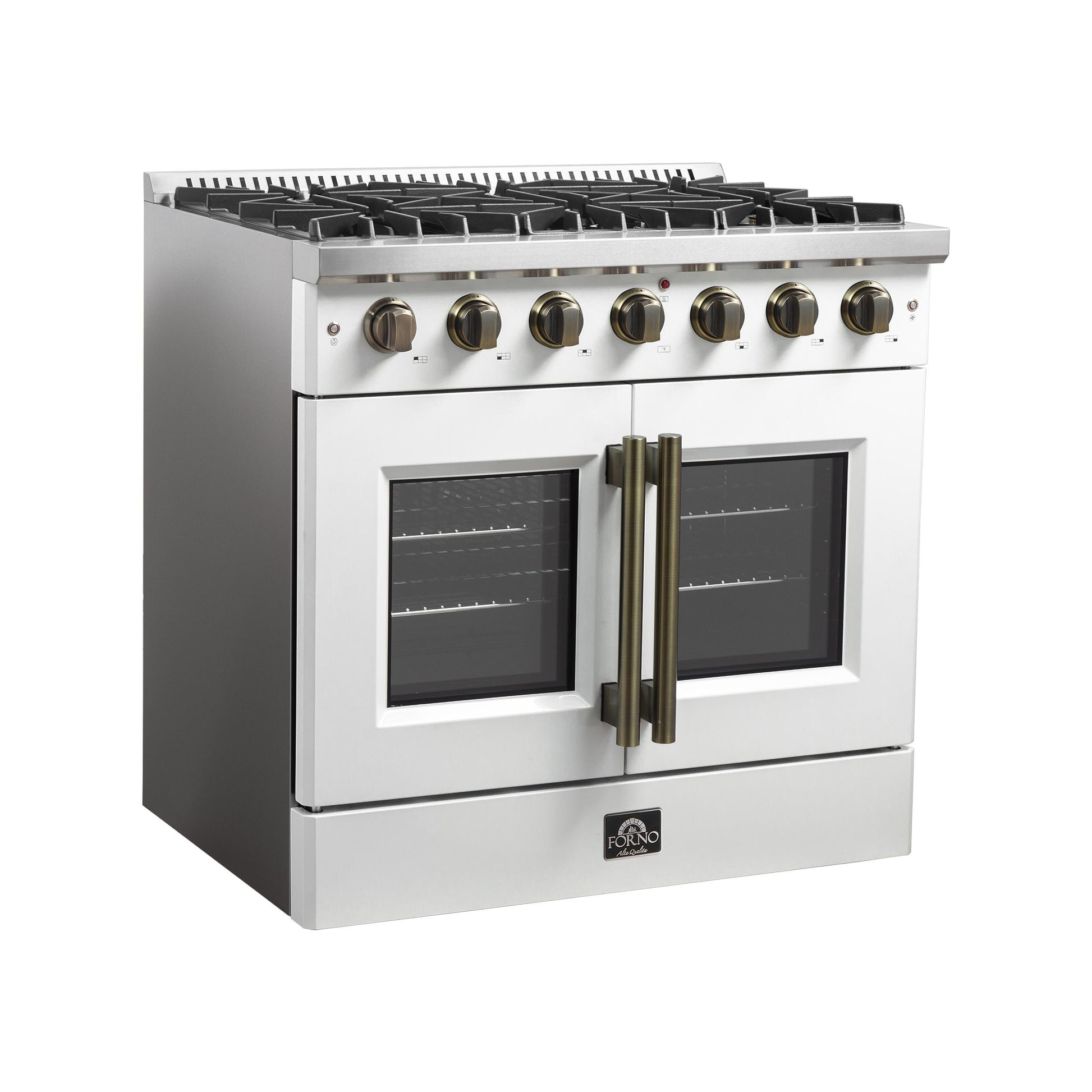 Forno FFSGS644436WHT Forno Galiano 36-Inch French Door Gas Range White And Antique Brass Design, 6 Sealed Burners 83,000 Btu, 5.36 Cu.Ft. Convection Oven
