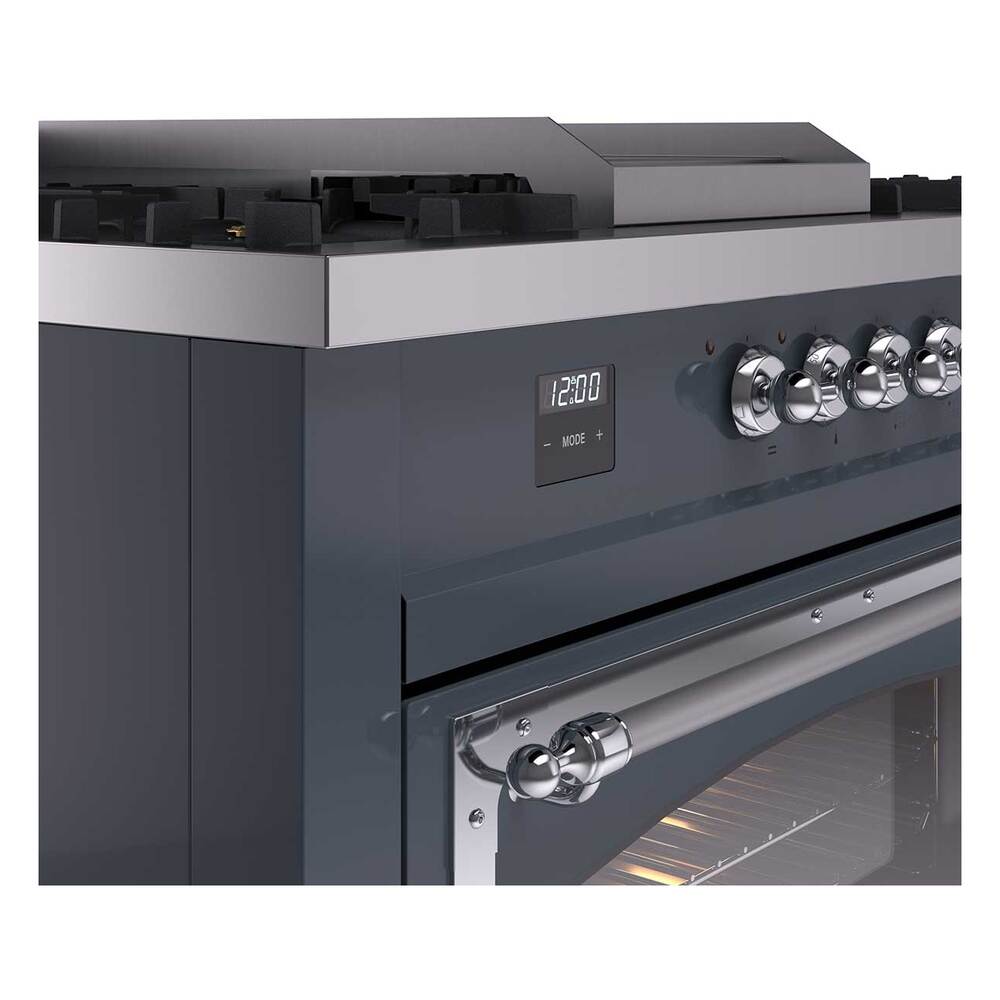 Ilve UN60FSNMPBGC Ilve Un60Fsnmpbgc Nostalgie Ii Noblesse 60" Dual Fuel Range (7 Sealed Burners + Griddle + French Top, Natural Gas, Triple Glass Door, Blue Grey, Chrome)