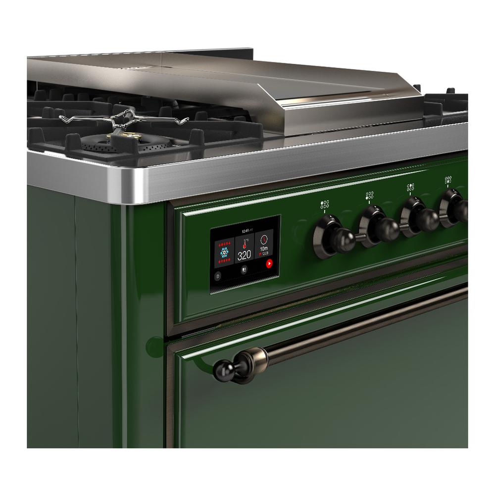 Ilve UM36FQNR3EGBLP Ilve Um36Fqnr3Egblp Majestic Iii 36 Inch Dual Fuel Range With 6 Black Brass Burners And Griddle, Dual Function Burner Up To 25,000 Btu (Solid Door, Emerald Green, Burnished, Liquid Propane)