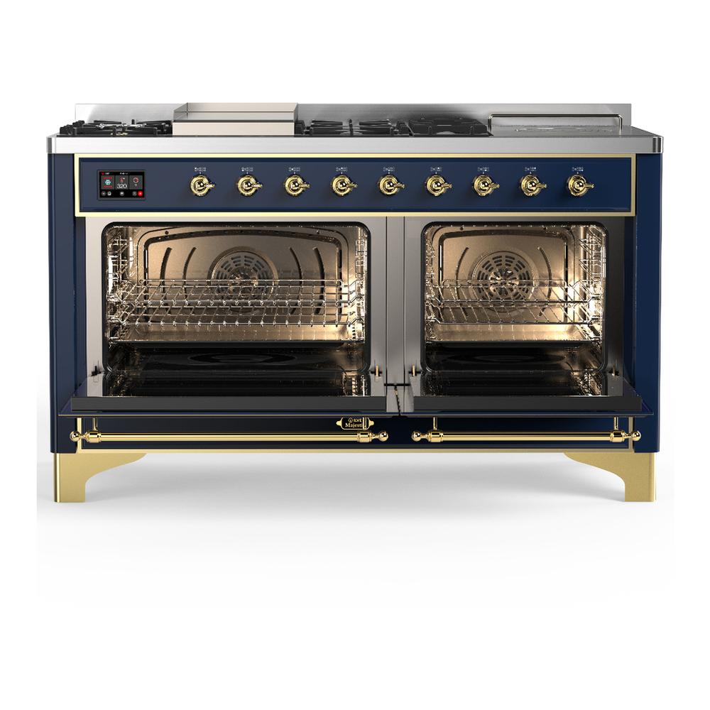 Ilve UM60FSNR3MBG Ilve Um60Fsnr3Mbg Majestic Iii 60 Inch Dual Fuel Range With 7 Burners, Griddle And French Top, Dual Function Burner With Up To 25,000 Btu (Natural Gas, Triple Glass Door, Midnight Blue, Brass)