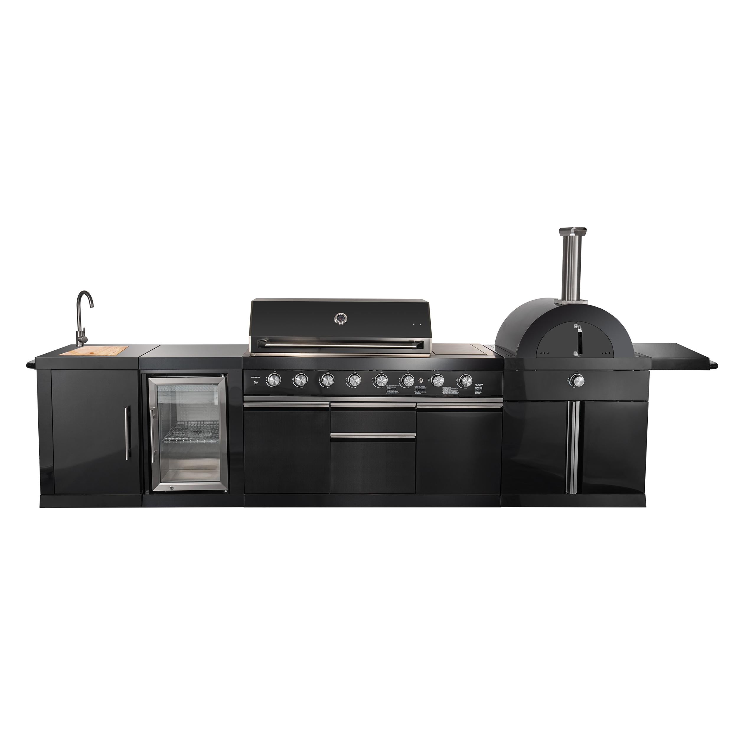 Forno FODKT2551BLK Forno All Aperto 87,600 Btu Outdoor Kitchen, 4 Burners, Infrared Burners, Side Burner, Black Sintered Stone Countertops, Gas Pizza Oven, Sink Module, Bar & Beverage Center