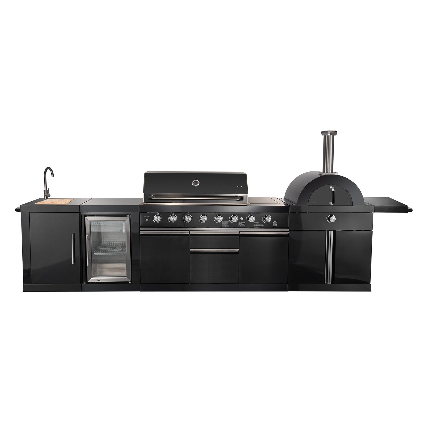Forno FODKT2551BLK Forno All Aperto 87,600 Btu Outdoor Kitchen, 4 Burners, Infrared Burners, Side Burner, Black Sintered Stone Countertops, Gas Pizza Oven, Sink Module, Bar & Beverage Center
