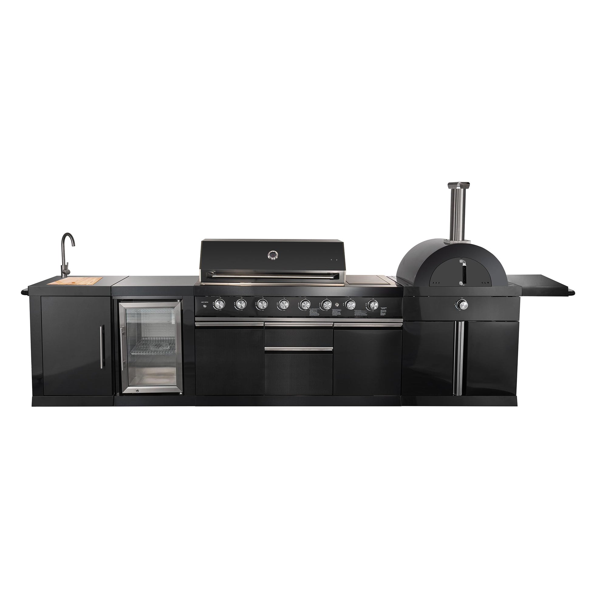 Forno FODKT2551BLK Forno All Aperto 87,600 Btu Outdoor Kitchen, 4 Burners, Infrared Burners, Side Burner, Black Sintered Stone Countertops, Gas Pizza Oven, Sink Module, Bar & Beverage Center
