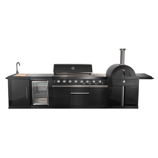 Forno FODKT2551BLK Forno All Aperto 87,600 Btu Outdoor Kitchen, 4 Burners, Infrared Burners, Side Burner, Black Sintered Stone Countertops, Gas Pizza Oven, Sink Module, Bar & Beverage Center
