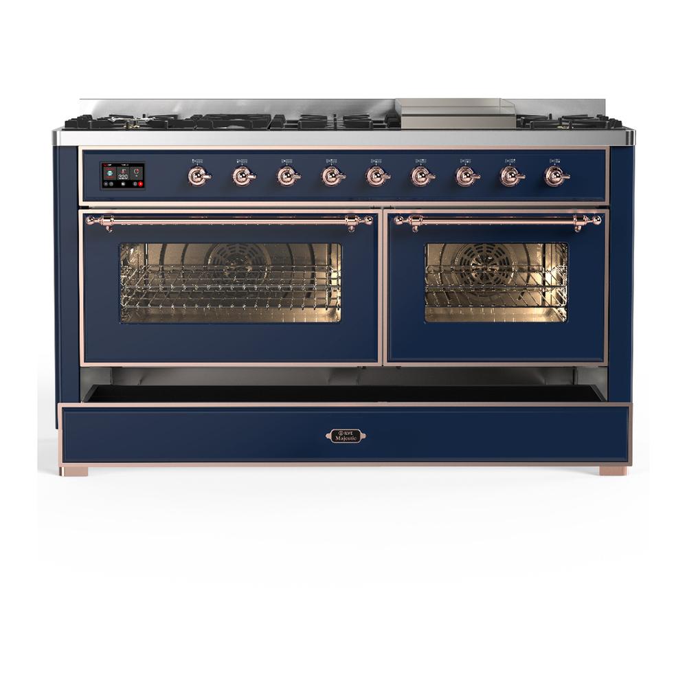 Ilve UM60FNR3MBPLP Ilve Um60Fnr3Mbplp Majestic Iii 60 Inch Dual Fuel Range With 9 Burners And Griddle, Dual Function Burner Up To 25,000 Btu (Liquid Propane, Triple Glass Door, Midnight Blue, Copper)
