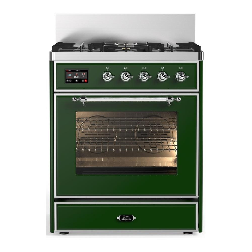 Ilve UM30NR3EGC Ilve Um30Nr3Egc Majestic Iii 30 Inch Dual Fuel Range With 5 Black Brass Burners, Dual Function Burner Up To 25,000 Btu (Natural Gas, Triple Glass Door, Emerald Green, Chrome)