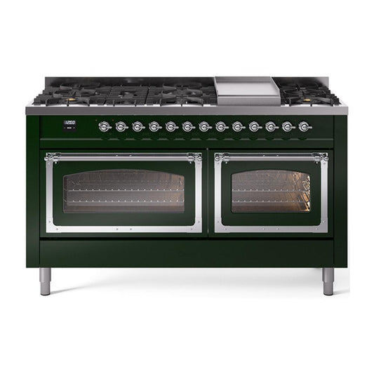Ilve UN60FNMPEGC Ilve Un60Fnmpegc Nostalgie Ii Noblesse 60" Dual Fuel Range (9 Sealed Burners + Griddle, Natural Gas, Triple Glass Door, Emerald Green, Chrome)