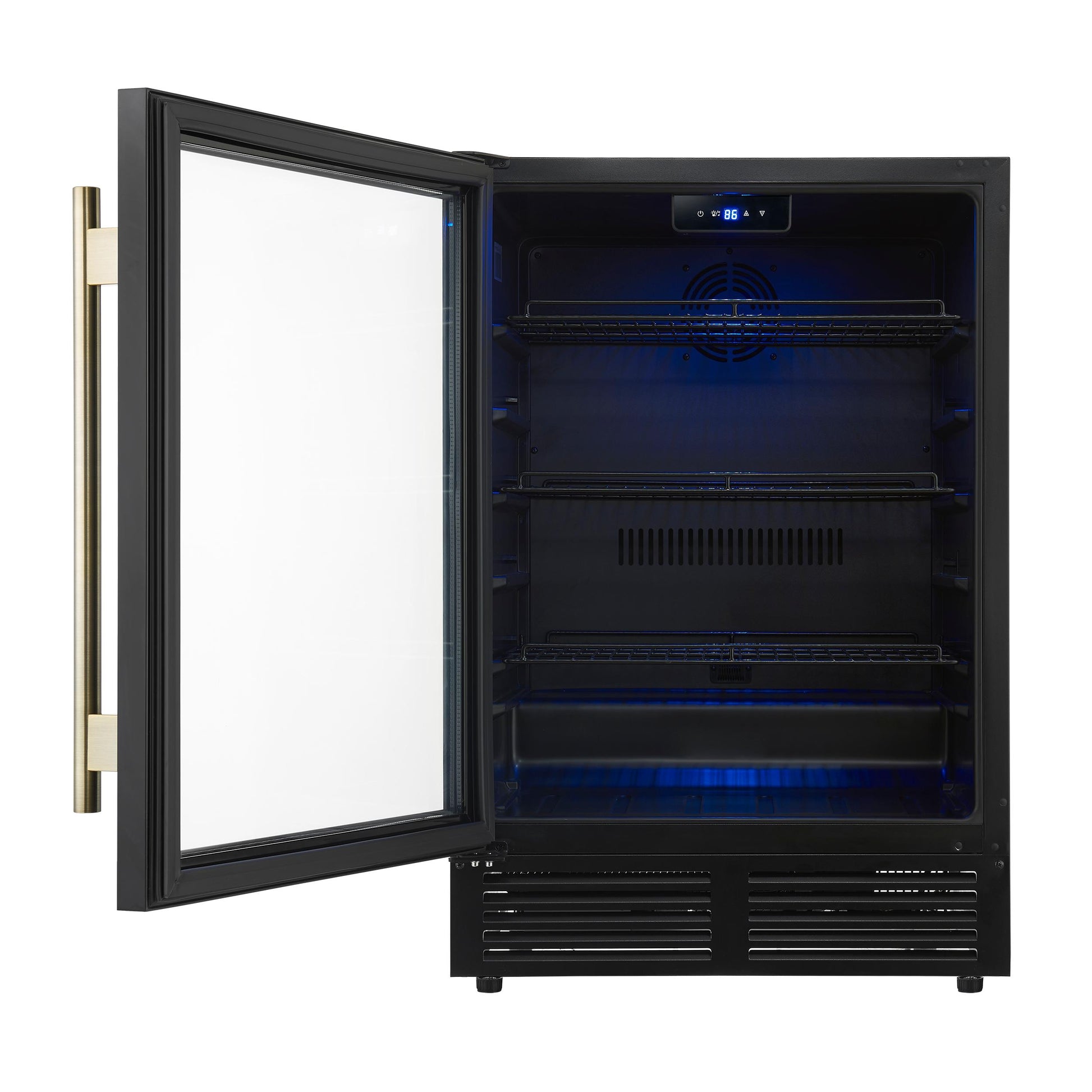 Forno FWCDR666524BLK Forno Frescolino 24 Inch Beverage Cooler, Black With Antique Brass Handles, With Led Lighting, Triple Glass Door, 188 Can Capacity, Built-In Or Freestanding