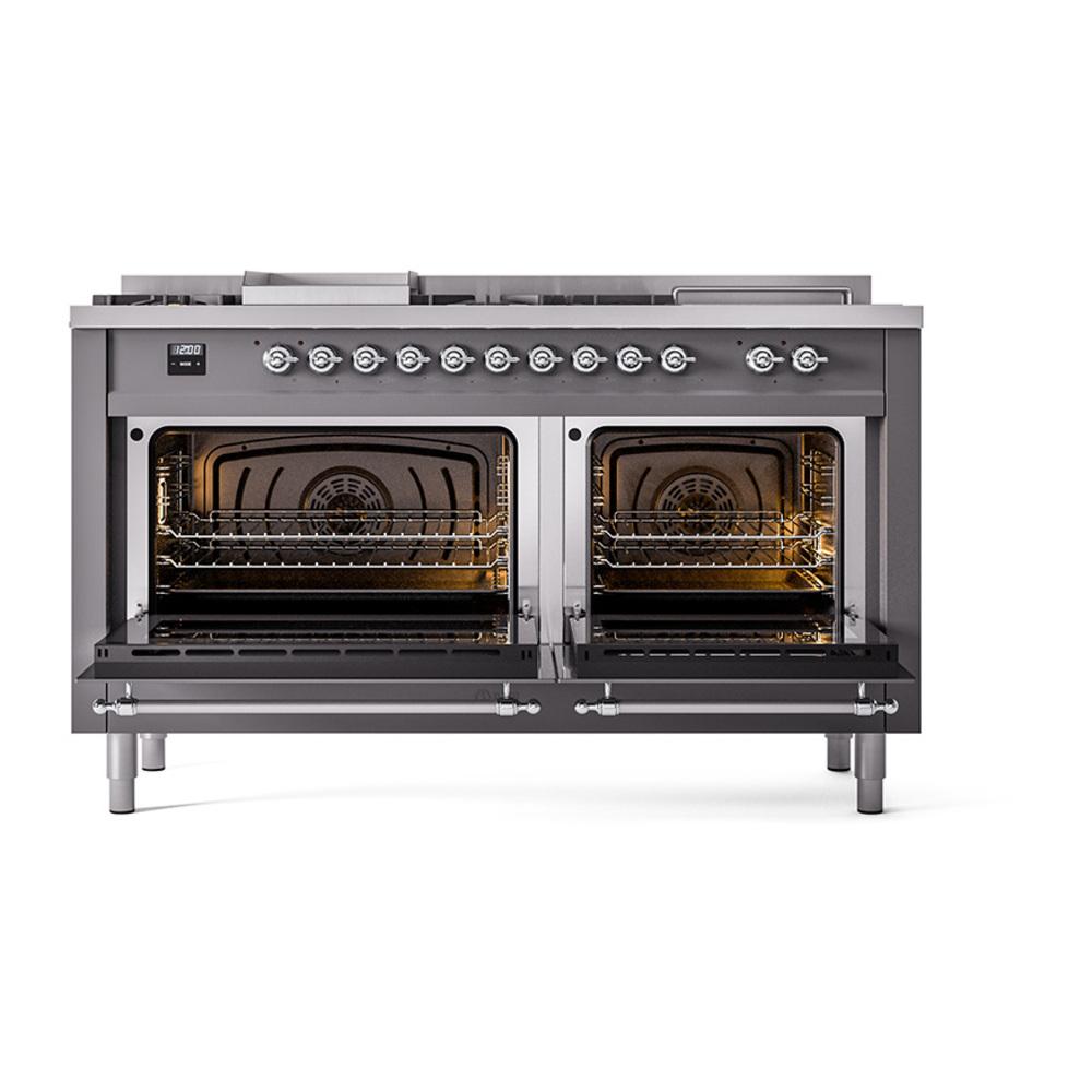 Ilve UN60FSNMPMGCLP Ilve Un60Fsnmpmgclp Nostalgie Ii Noblesse 60" Dual Fuel Range (7 Sealed Burners + Griddle + French Top, Liquid Propane, Triple Glass Door, Graphite Matte, Chrome)