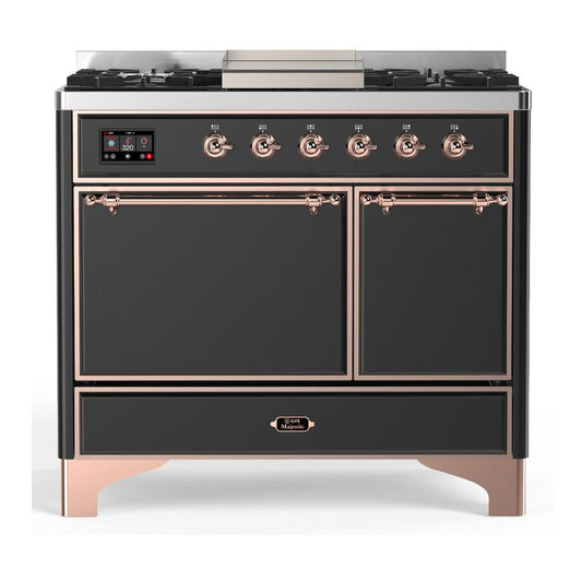 Ilve UMD40FQNR3MGPLP Ilve Umd40Fqnr3Mgplp Majestic Iii 40 Inch Dual Fuel Range With 6 Burners And Griddle, Dual Function Burner Up To 25,000 Btu (Liquid Propane, Solid Door, Graphite Matte, Copper)
