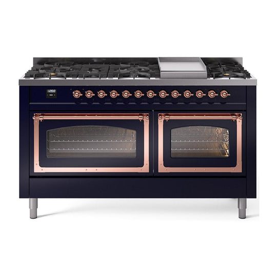 Ilve UN60FNMPMBP Ilve Un60Fnmpmbp Nostalgie Ii Noblesse 60" Dual Fuel Range (9 Sealed Burners + Griddle, Natural Gas, Triple Glass Door, Midnight Blue, Copper)
