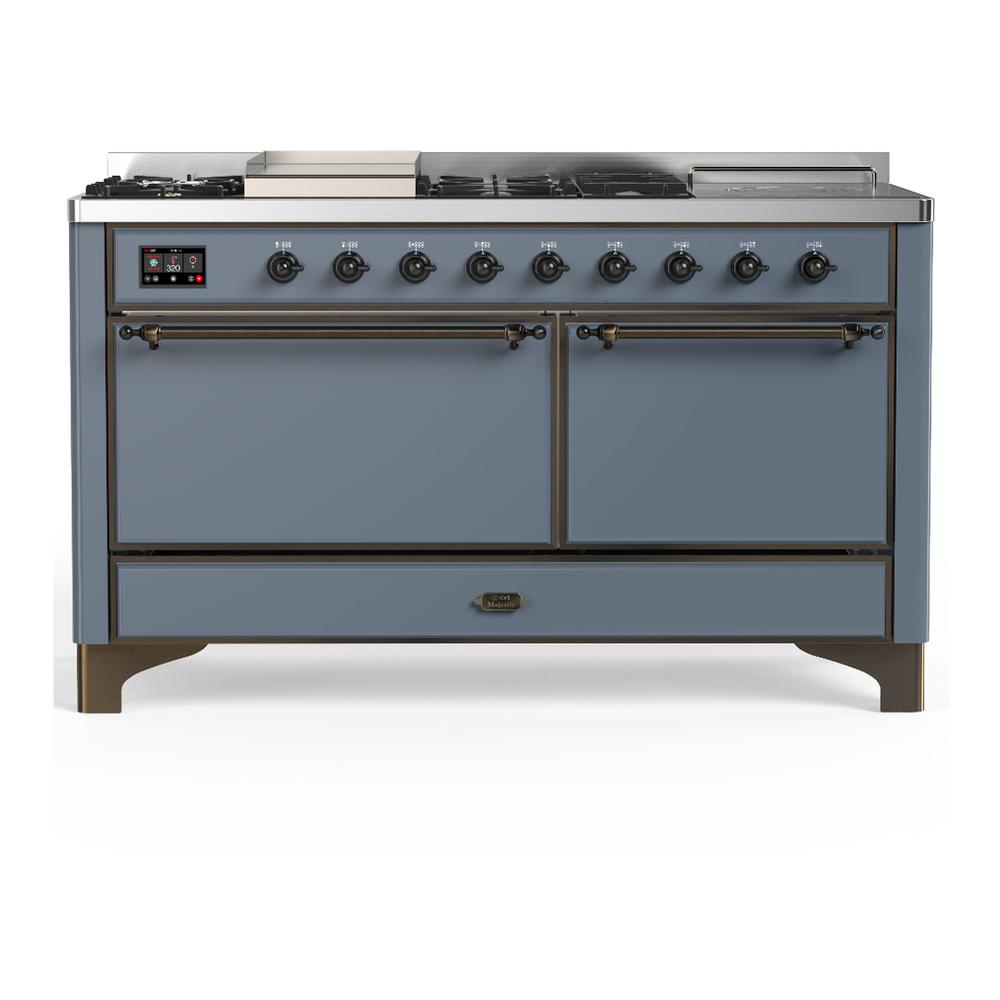 Ilve UM60FSQNR3BGB Ilve Um60Fsqnr3Bgb Majestic Iii 60 Inch Dual Fuel Range With 7 Burners, Griddle And French Top, Dual Function Burner With Up To 25,000 Btu (Natural Gas, Solid Door, Blue Grey, Burnished)